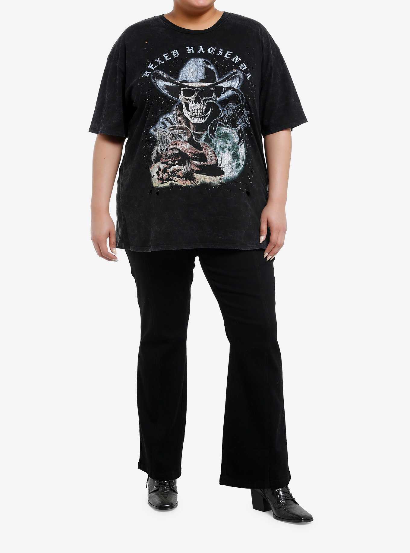 Cosmic Aura Skull Cowboy Destructed Mineral Wash Girls Oversized T-Shirt Plus Size, , hi-res