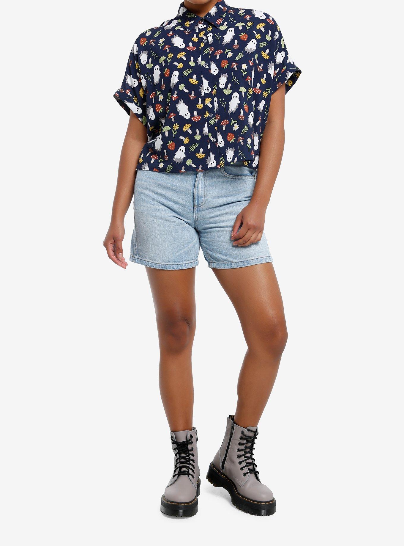 Thorn & Fable Mushroom Ghost Girls Boxy Woven Button-Up, , hi-res