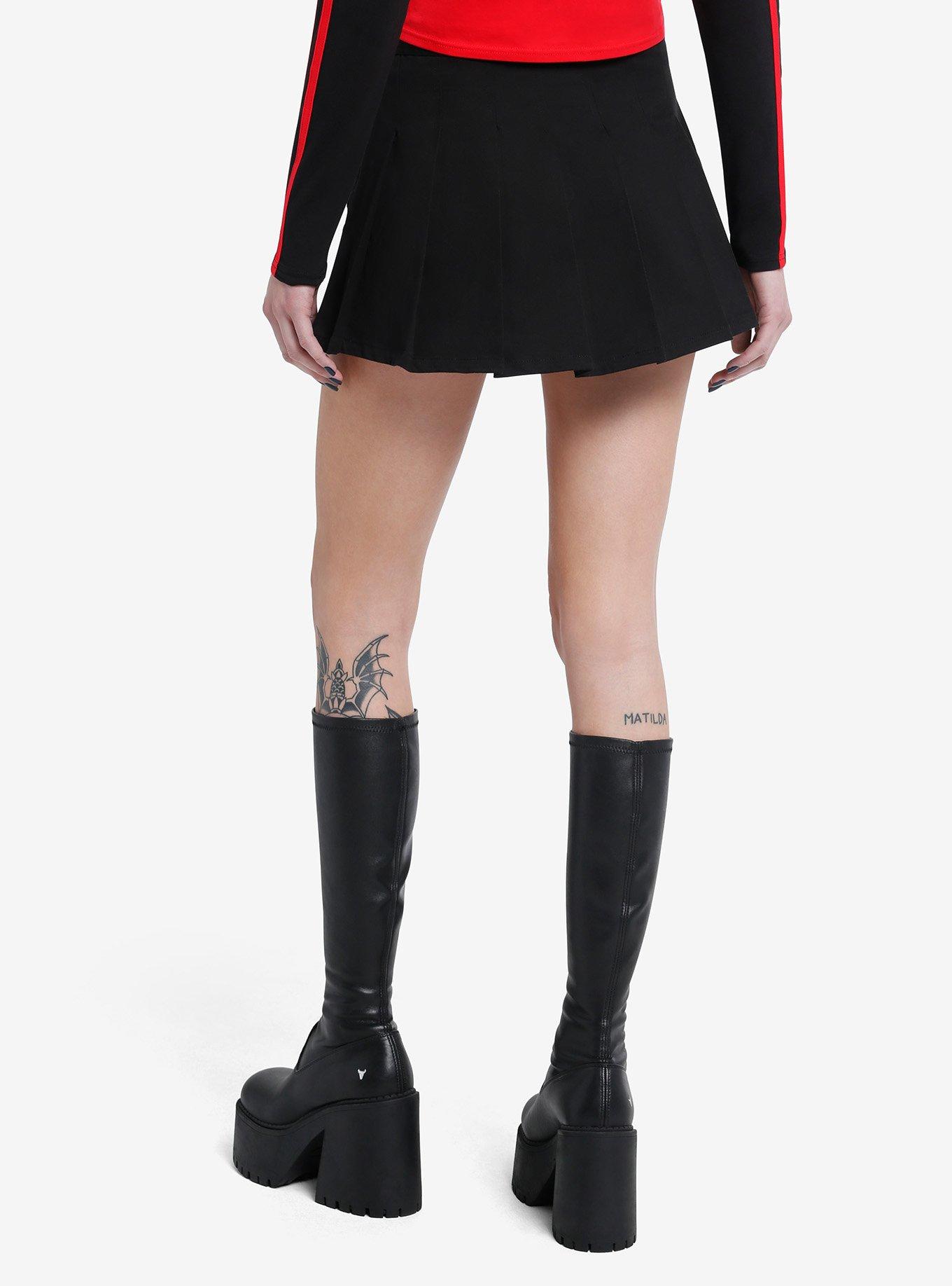 Black Grommet Pleated Skirt, BLACK, alternate