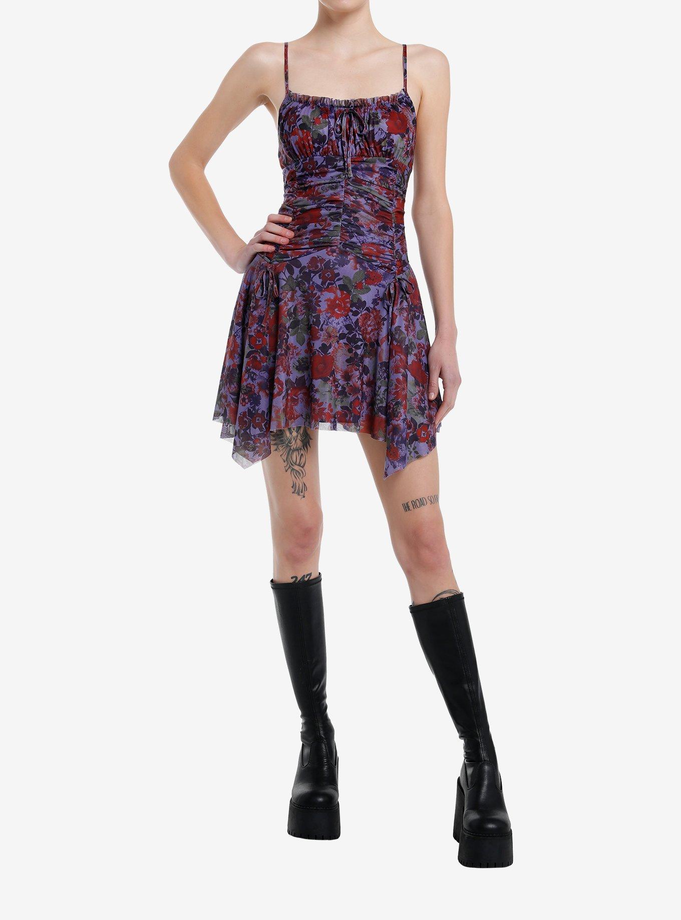 Purple & Red Floral Ruched Hanky Hem Dress, , hi-res