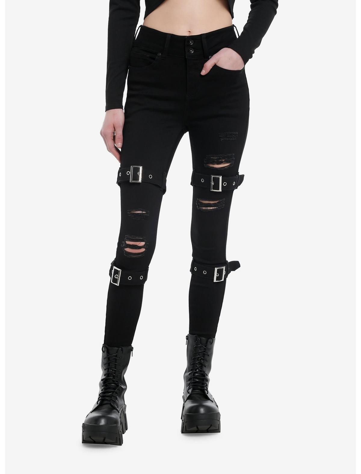 Black Ultra Hi-Rise Buckle Girls Super Skinny Jeans, BLACK, alternate