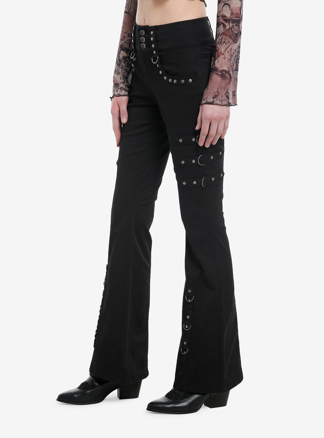 Black Stud D-ring Flare Pants, BLACK, alternate