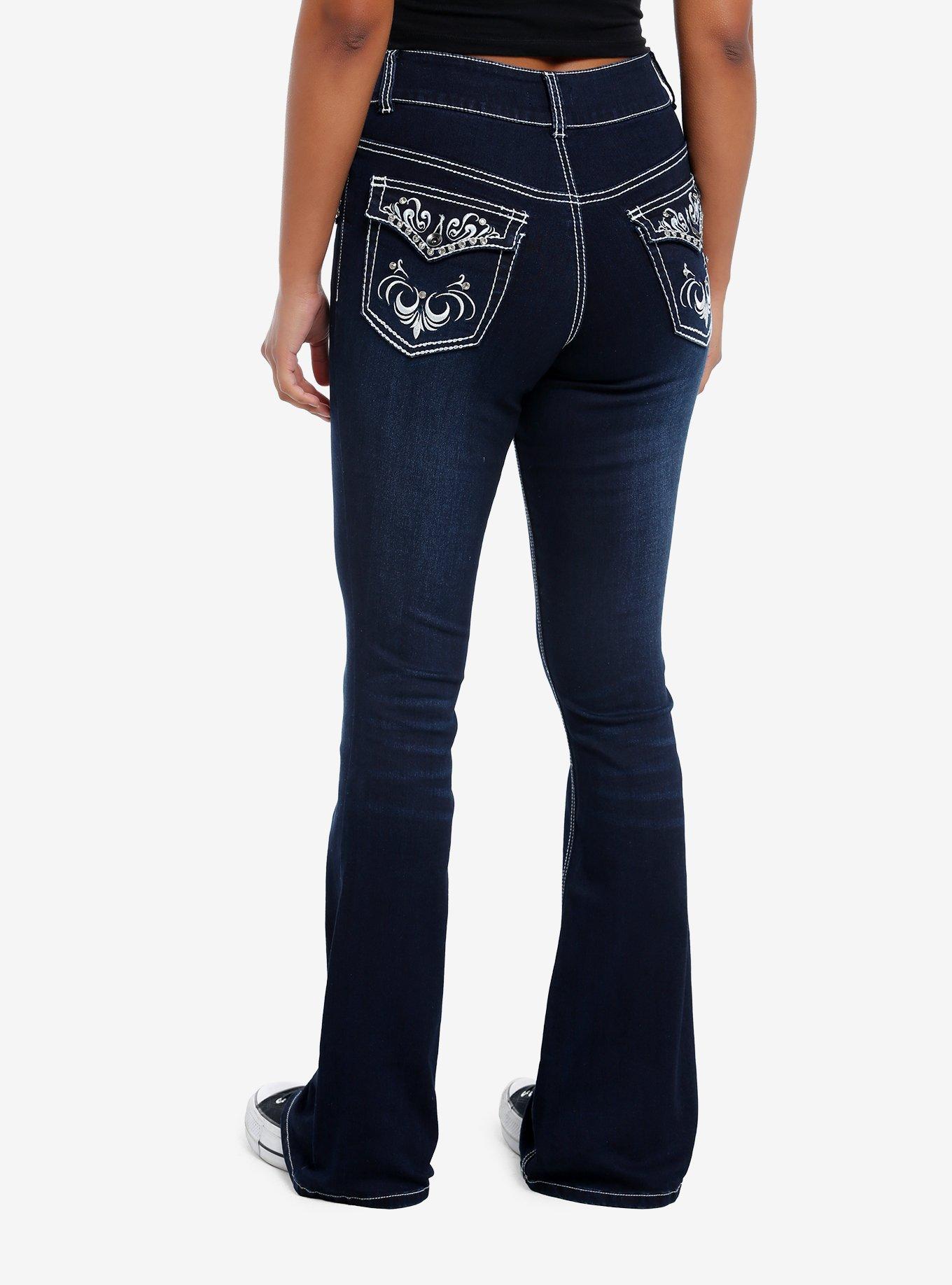 Dark Indigo Filigree Rhinestone Flare Denim Pants, DENIM  NAVY, alternate