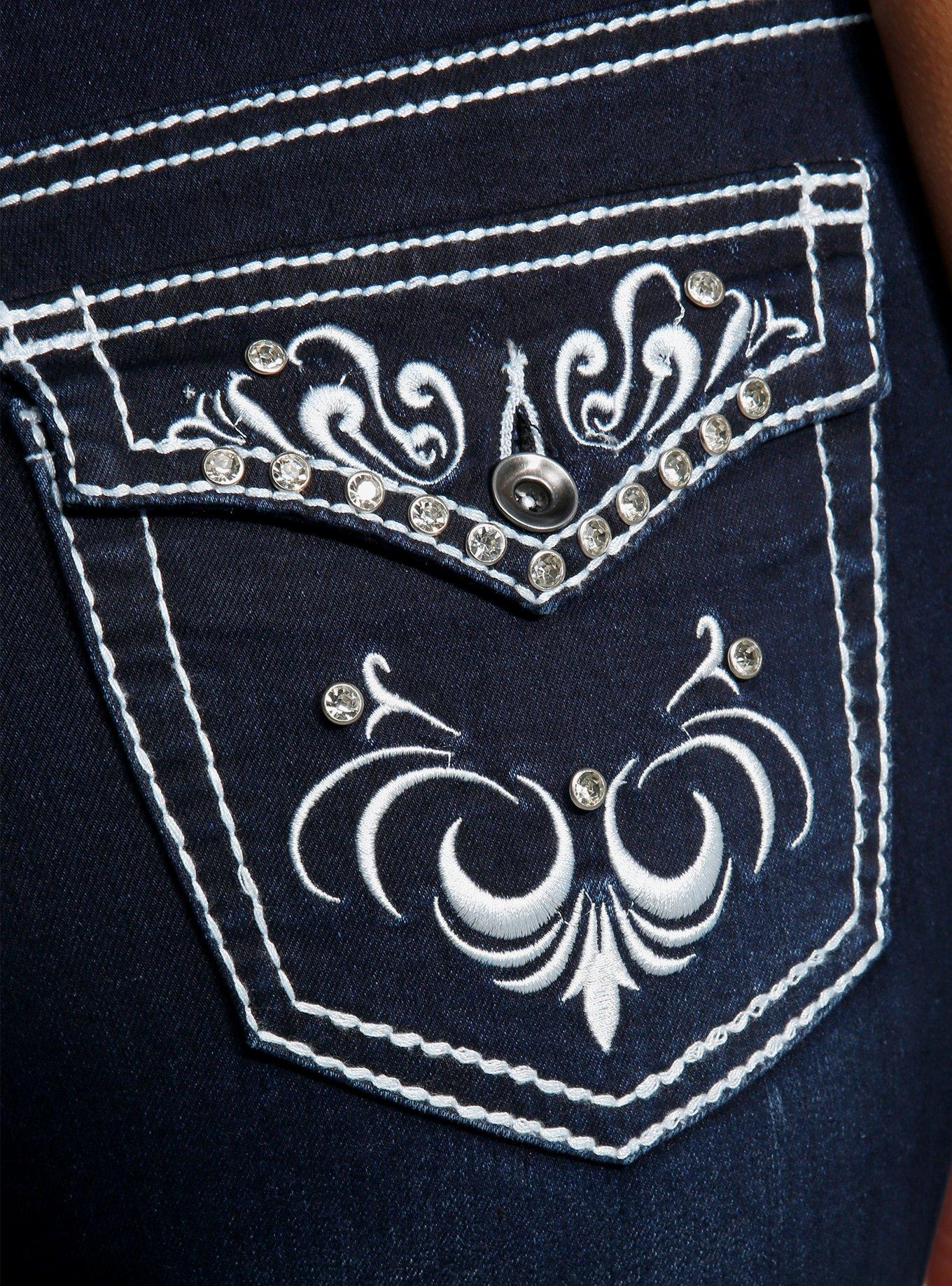 Dark Indigo Filigree Rhinestone Flare Denim Pants, DENIM  NAVY, alternate