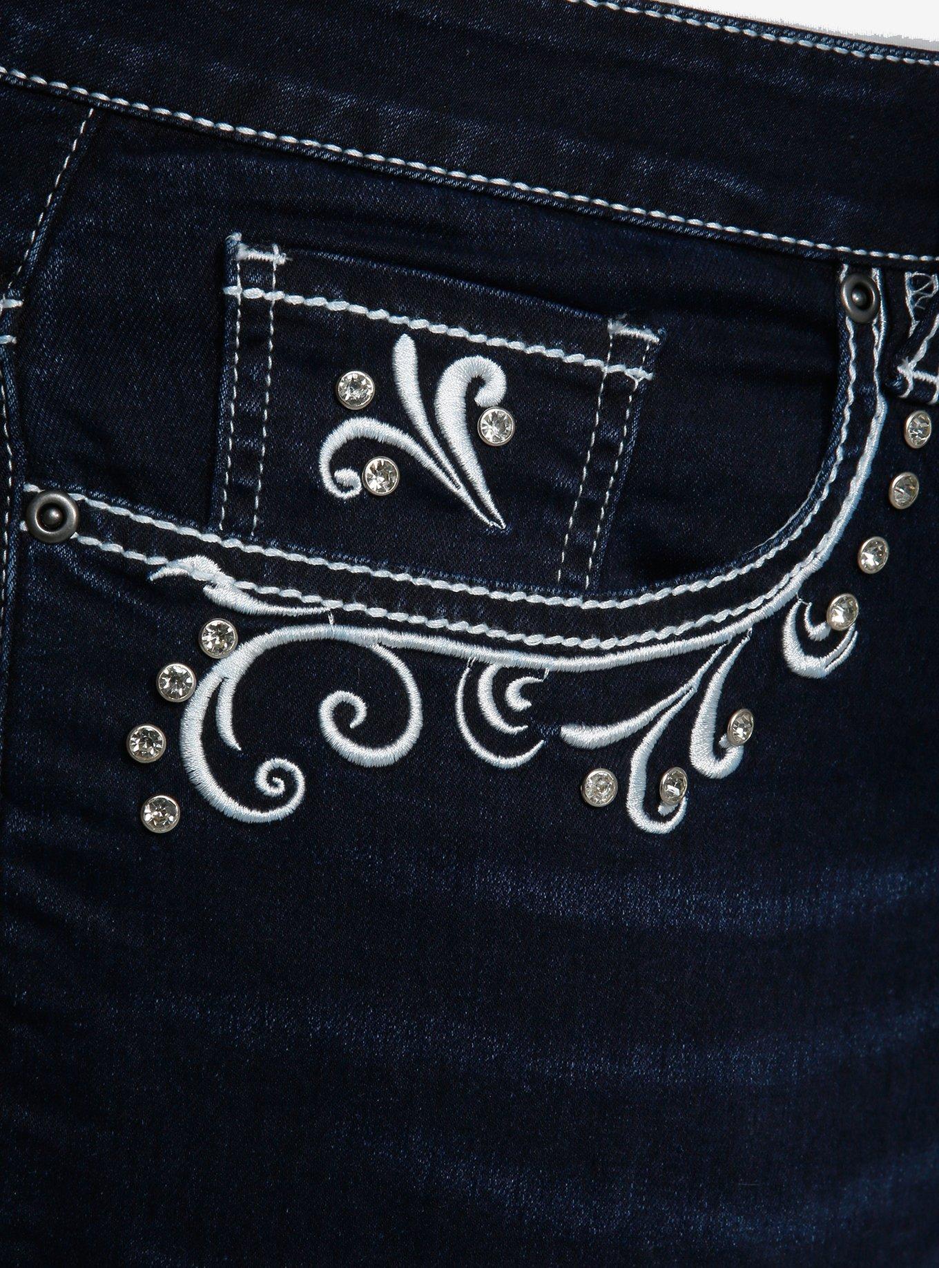 Dark Indigo Filigree Rhinestone Flare Denim Pants Plus Size, DENIM  NAVY, alternate