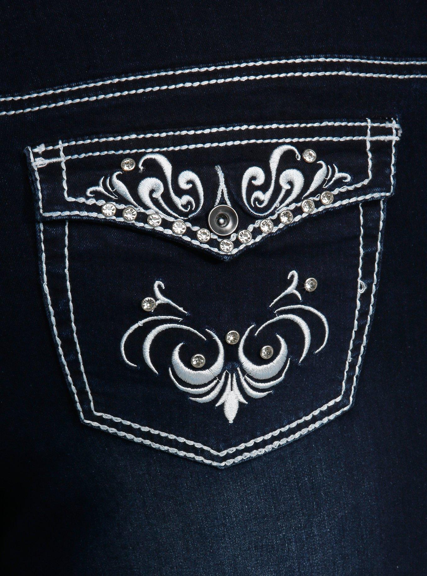 Dark Indigo Filigree Rhinestone Flare Denim Pants Plus Size, DENIM  NAVY, alternate