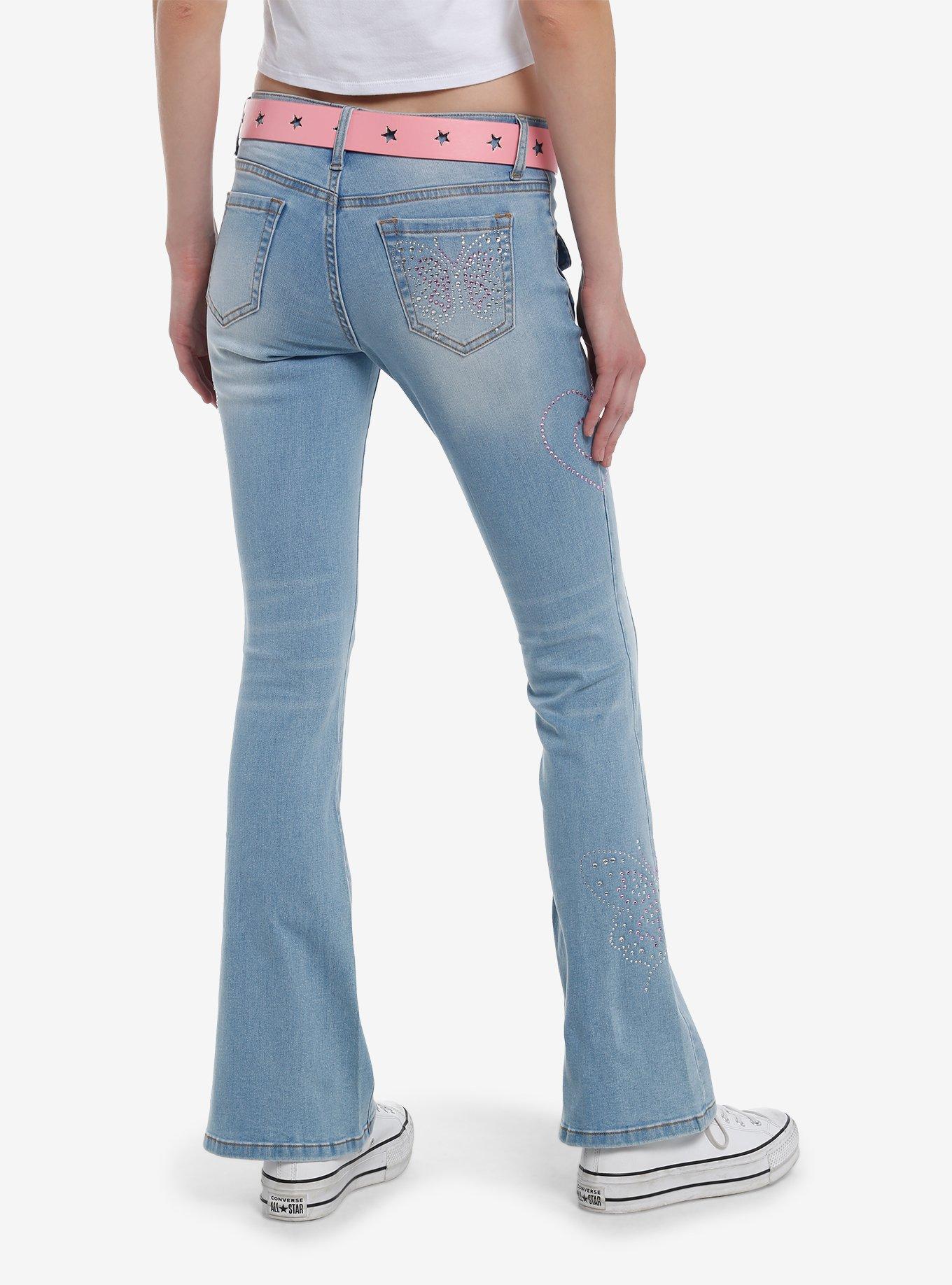 Sweet Society Pink Rhinestone Star Belt Low-Rise Jeans, , hi-res