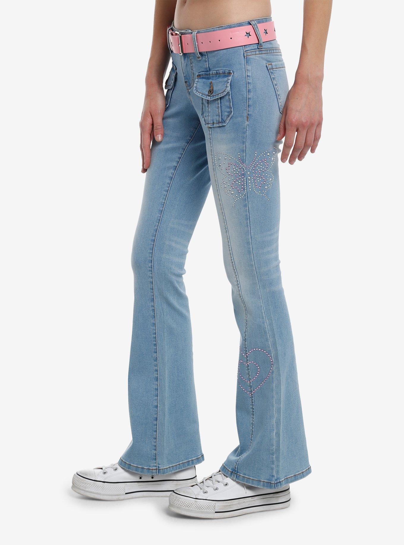 Sweet Society Pink Rhinestone Star Belt Low-Rise Jeans, PINK, alternate