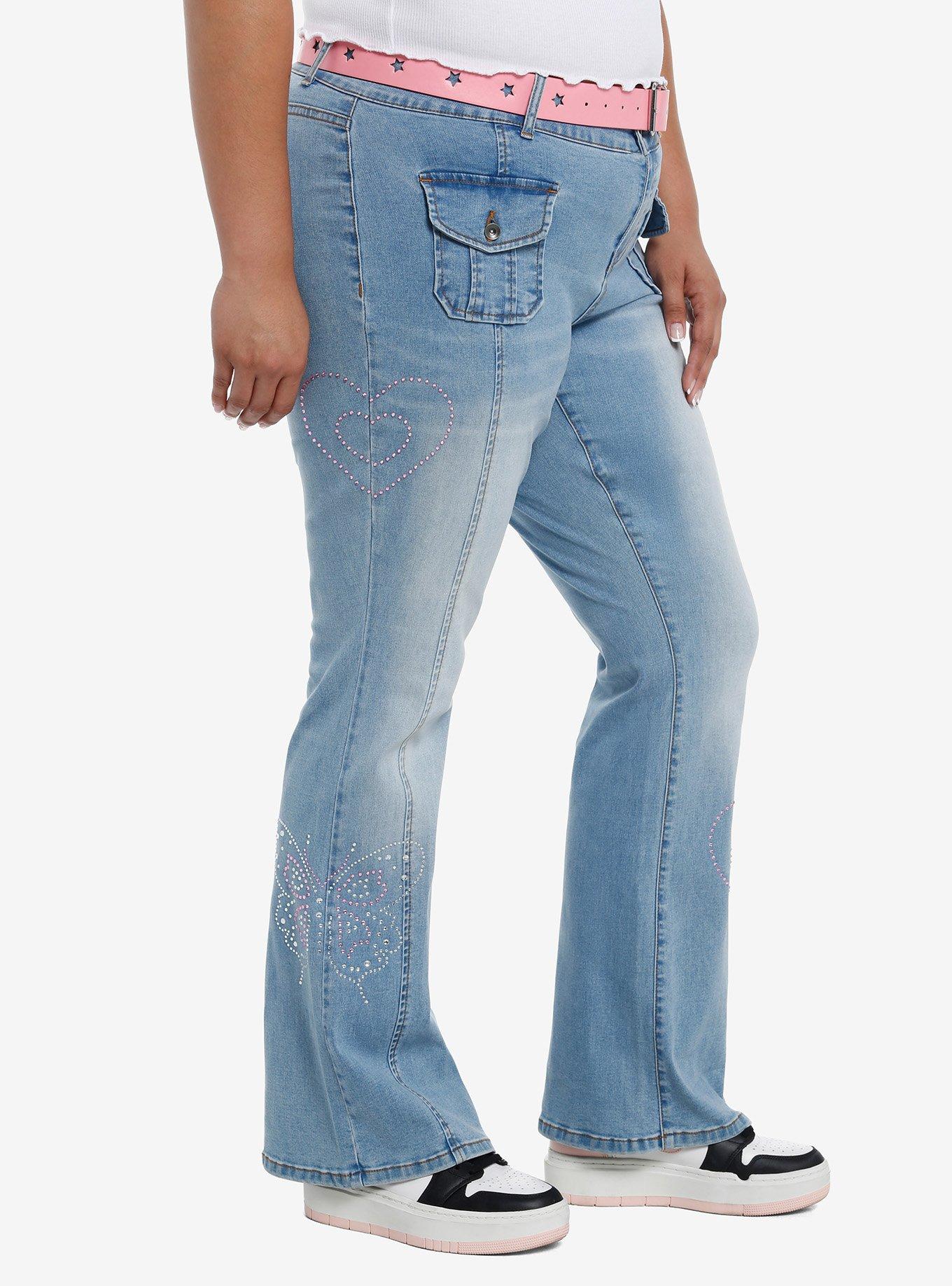 Sweet Society Pink Rhinestone Star Belt Low-Rise Jeans Plus Size, PINK, alternate
