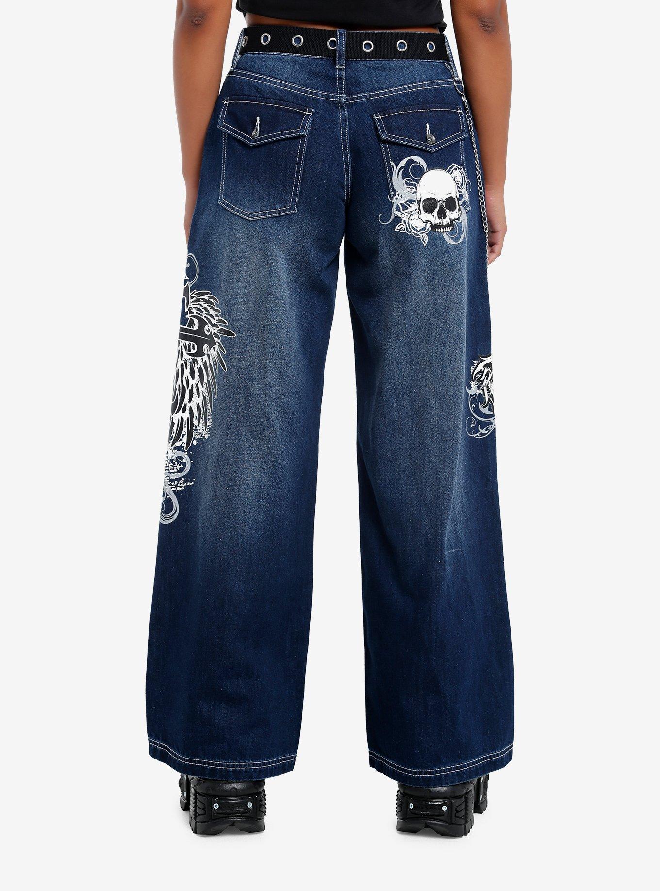 Skull & Gothic Cross Dark Wash Girls Wide Leg Jeans, , alternate