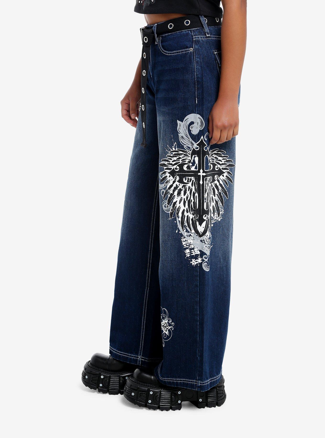 Skull & Gothic Cross Dark Wash Girls Wide Leg Jeans, , alternate