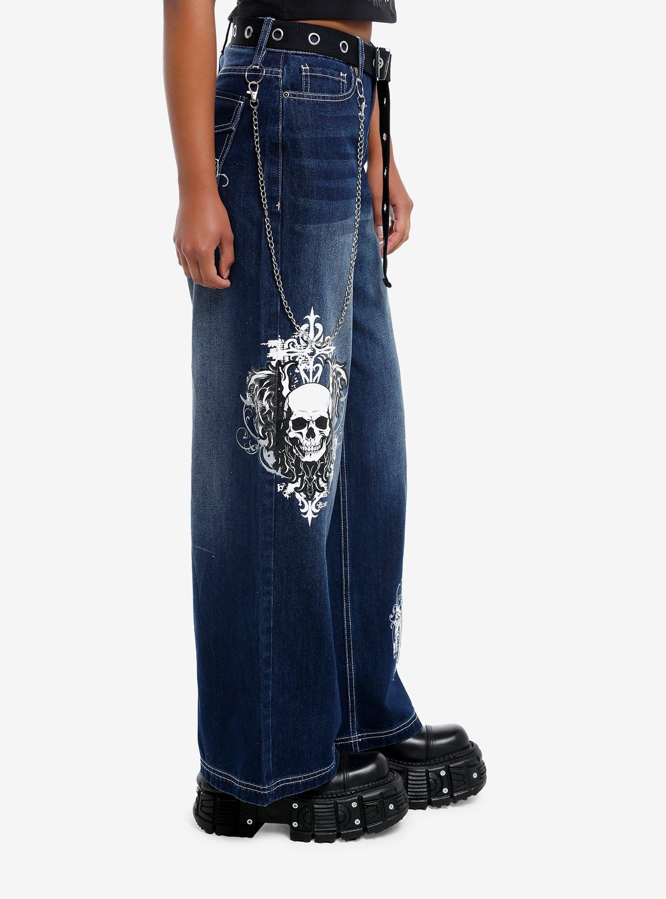 Skull & Gothic Cross Dark Wash Girls Wide Leg Jeans, , alternate