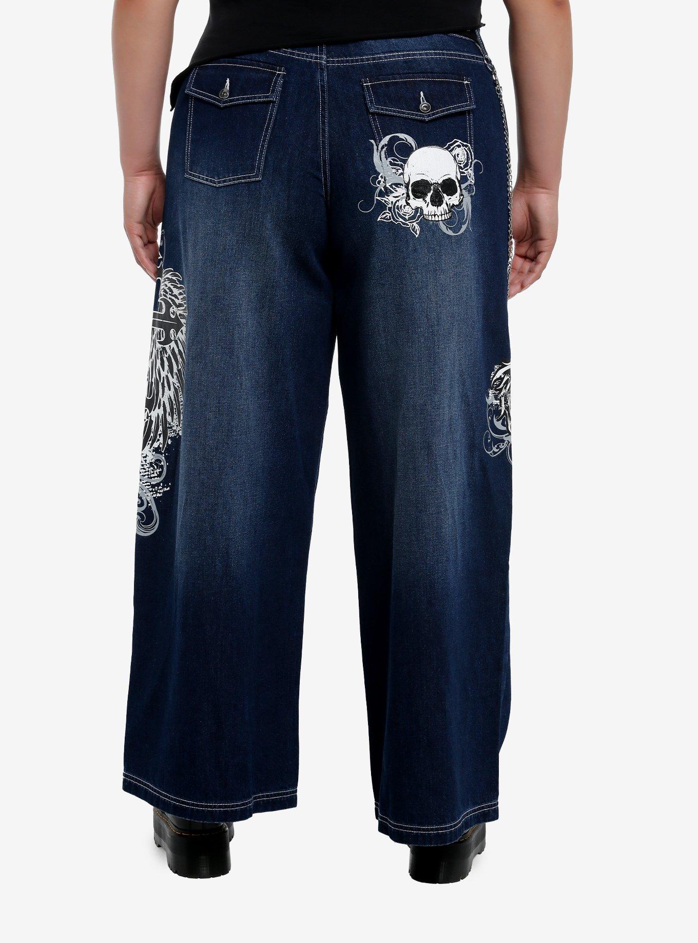 Skull & Gothic Cross Dark Wash Girls Wide-Leg Jeans Plus Size, , alternate