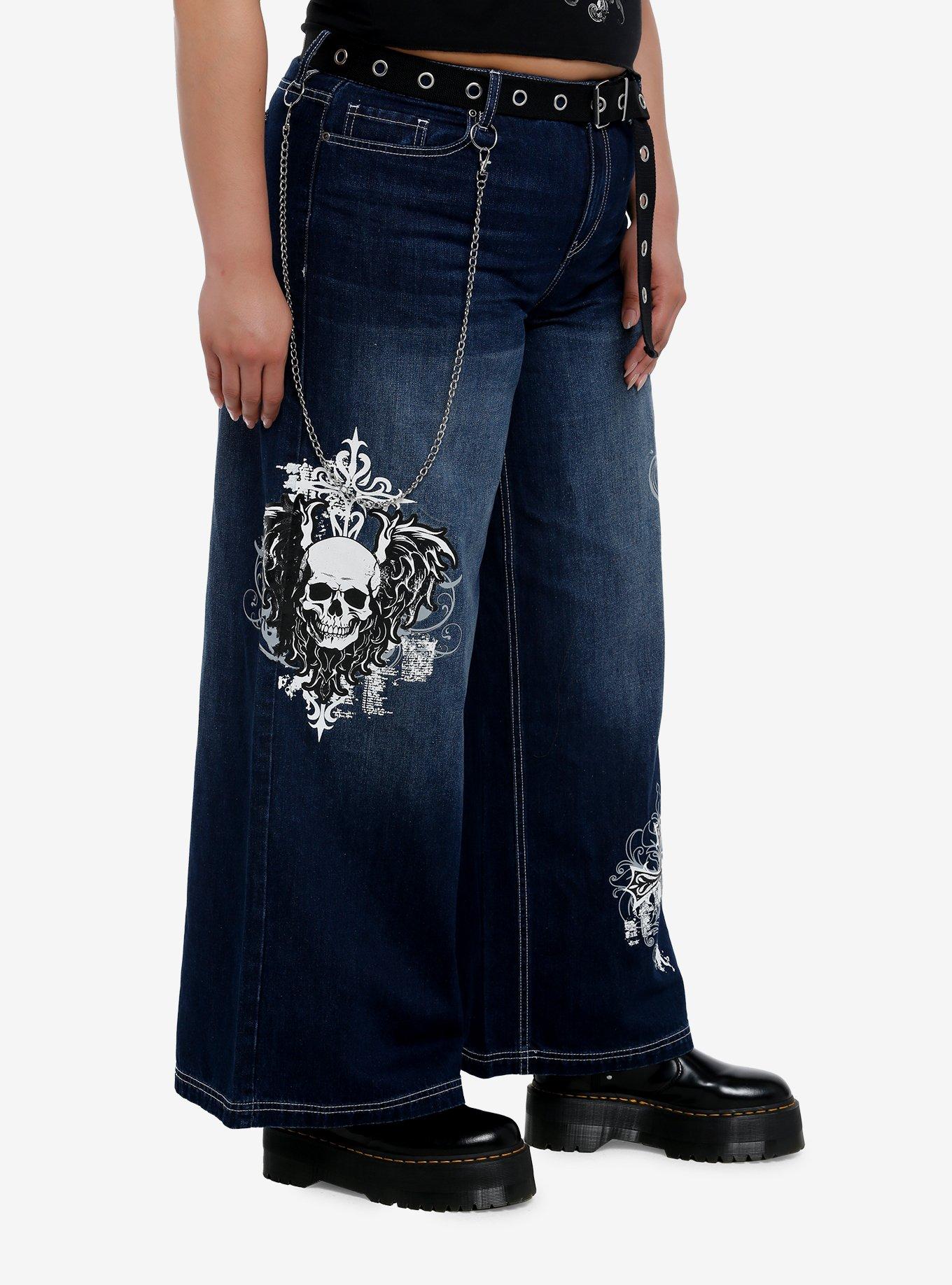 Skull & Gothic Cross Dark Wash Wide Leg Jeans Plus Size, , alternate