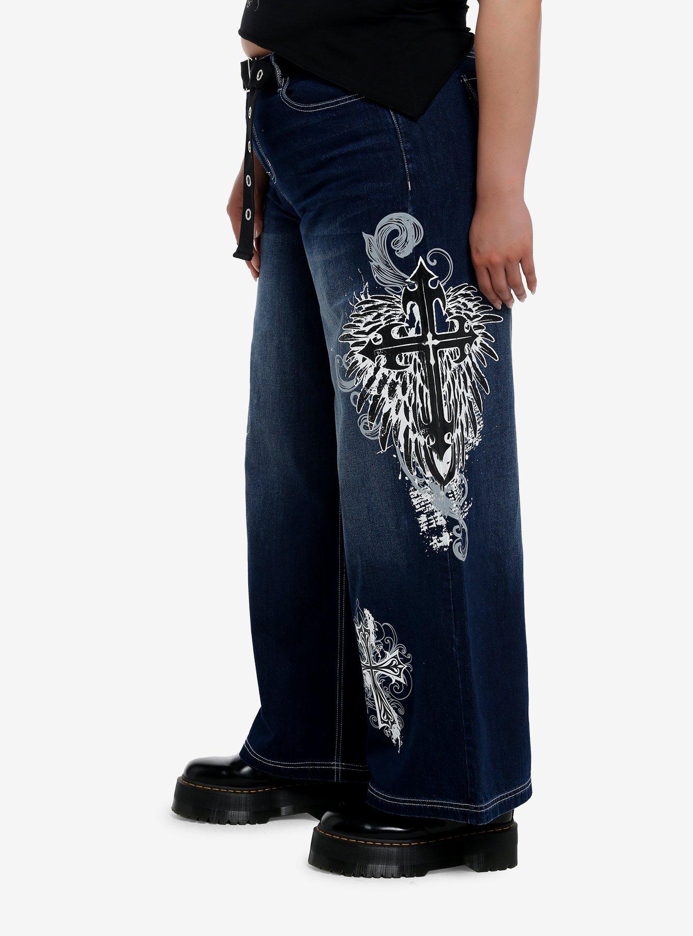 Skull & Gothic Cross Dark Wash Wide Leg Jeans Plus Size, , alternate