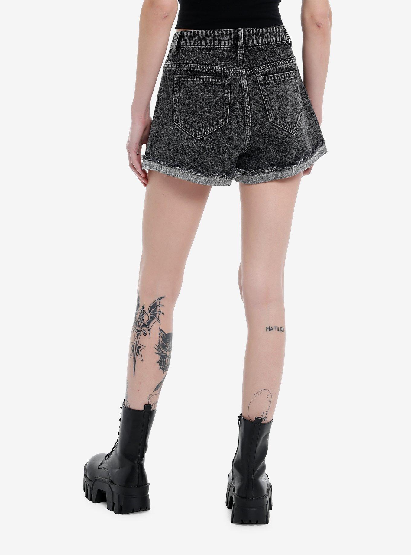 Distressed Skull Patch Dark Wash High Rise Denim Shorts, BLACK, alternate