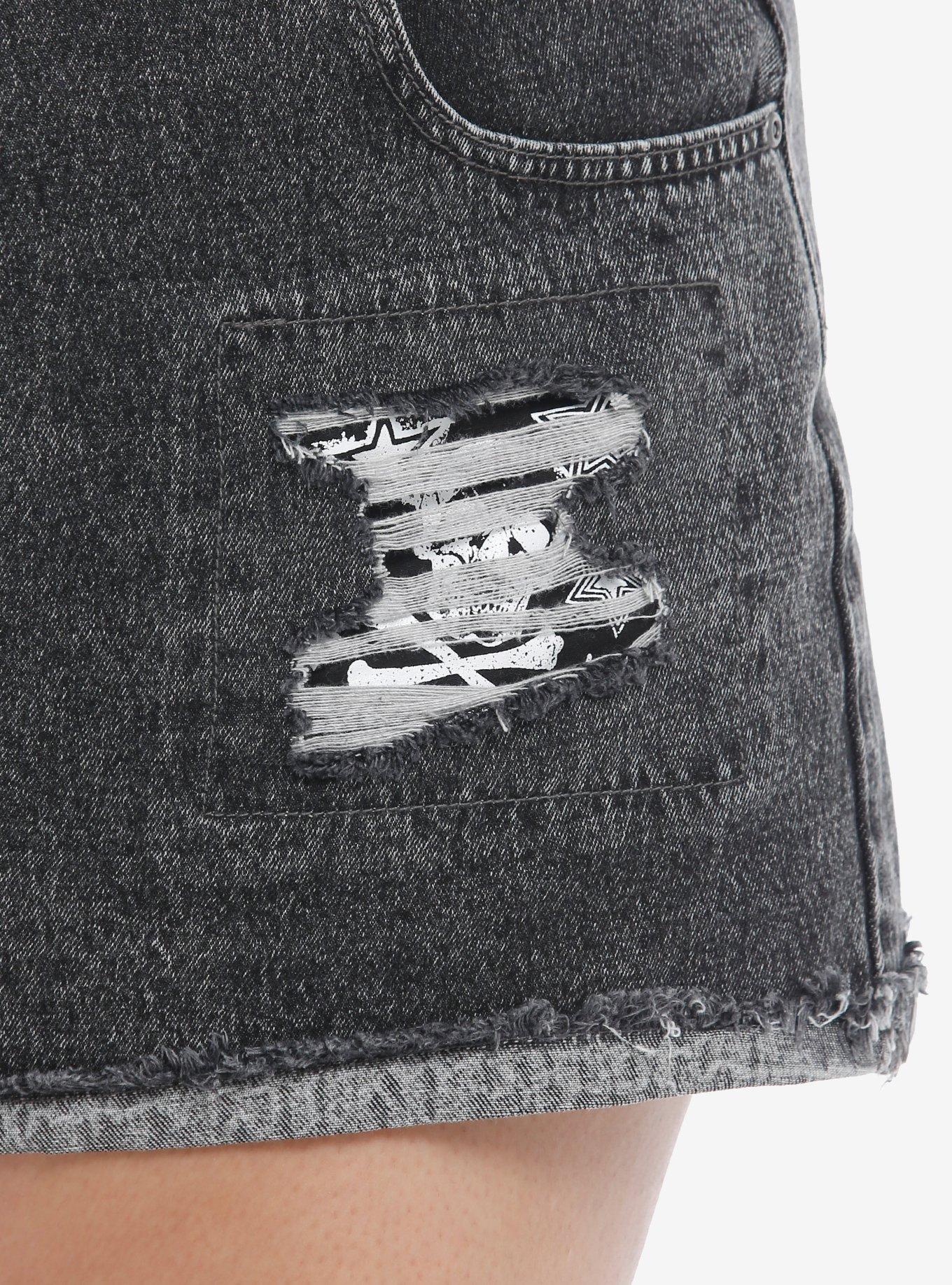 Distressed Skull Patch Dark Wash High Rise Denim Shorts Plus Size, BLACK, alternate