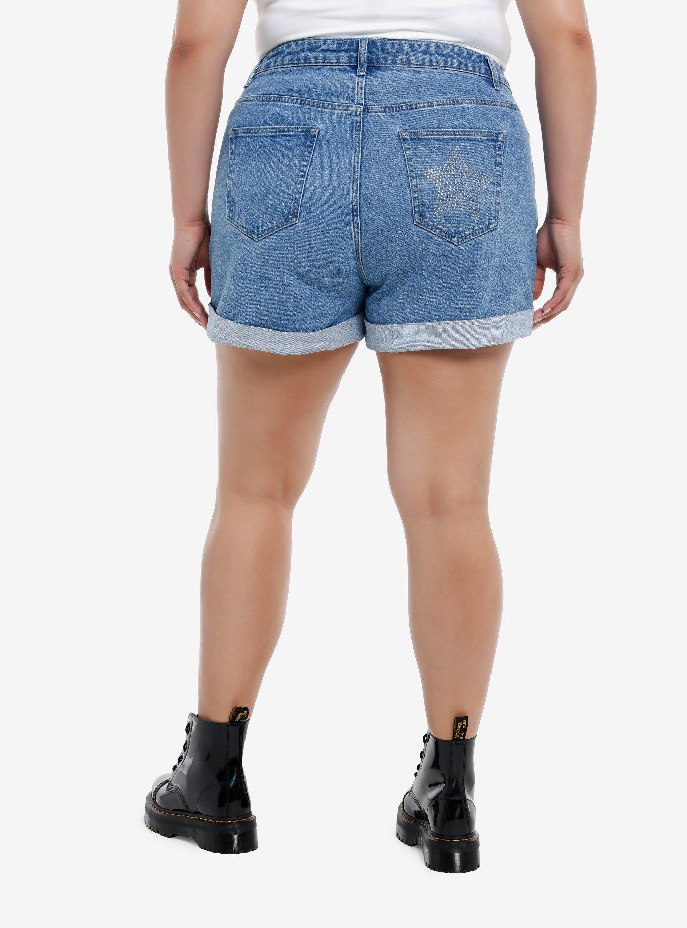 Silver Star Rhinestone Mom Shorts Plus Size, SILVER, alternate