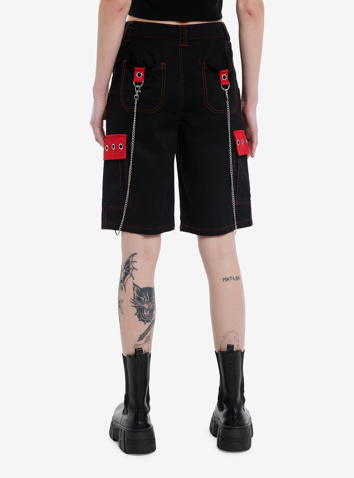Black & Red Grommet Chain Carpenter Shorts, RED, alternate