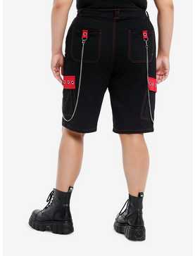 Social Collision Black & Red Grommet Chain Carpenter Shorts Plus Size, , hi-res