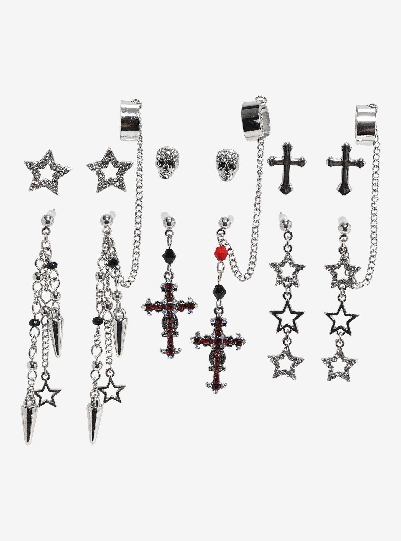 Social Collision Star Cross Skull Bling Cuff Earring Set, , hi-res