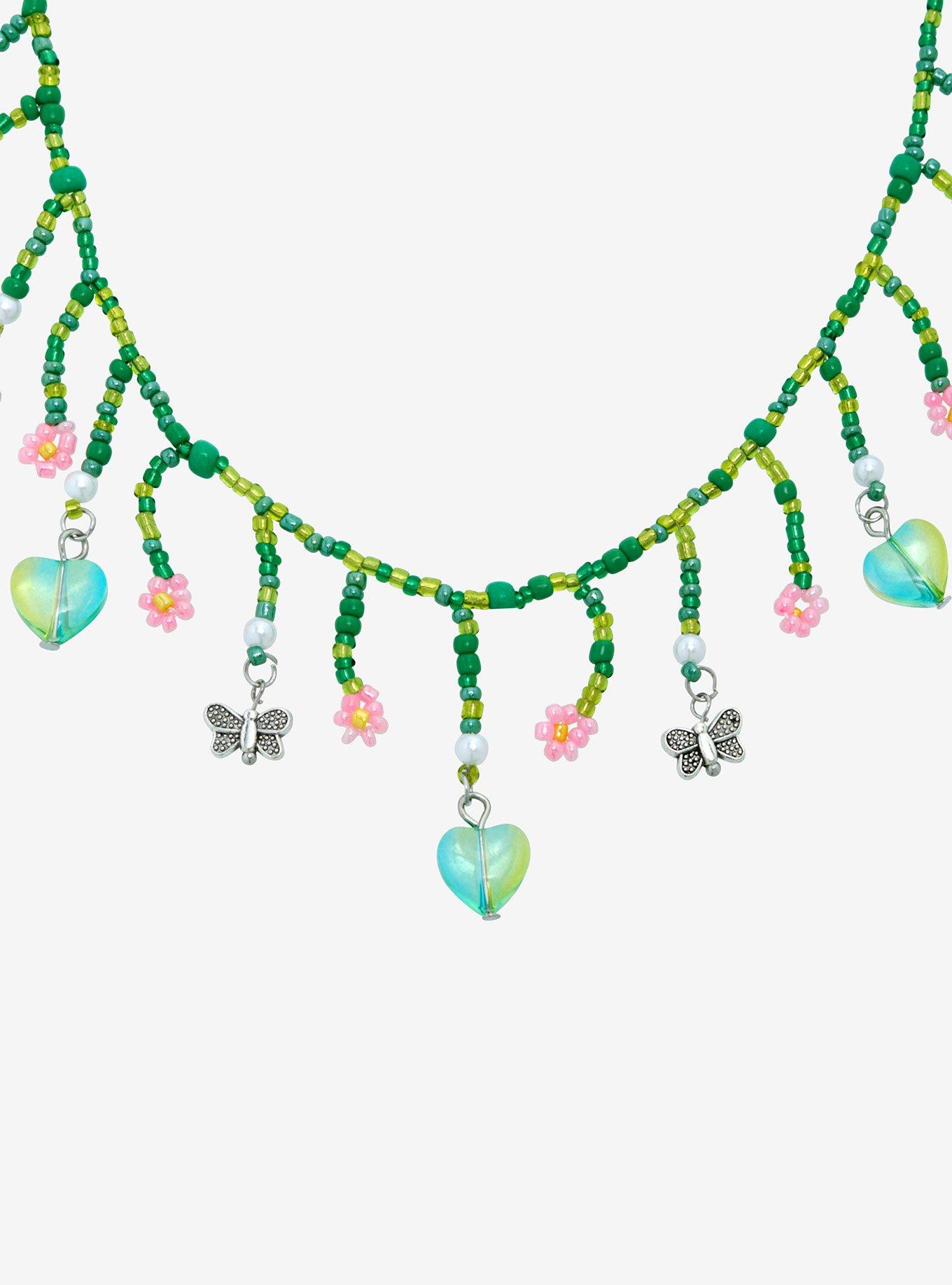 Thorn & Fable Butterfly Floral Heart Bead Necklace, , alternate