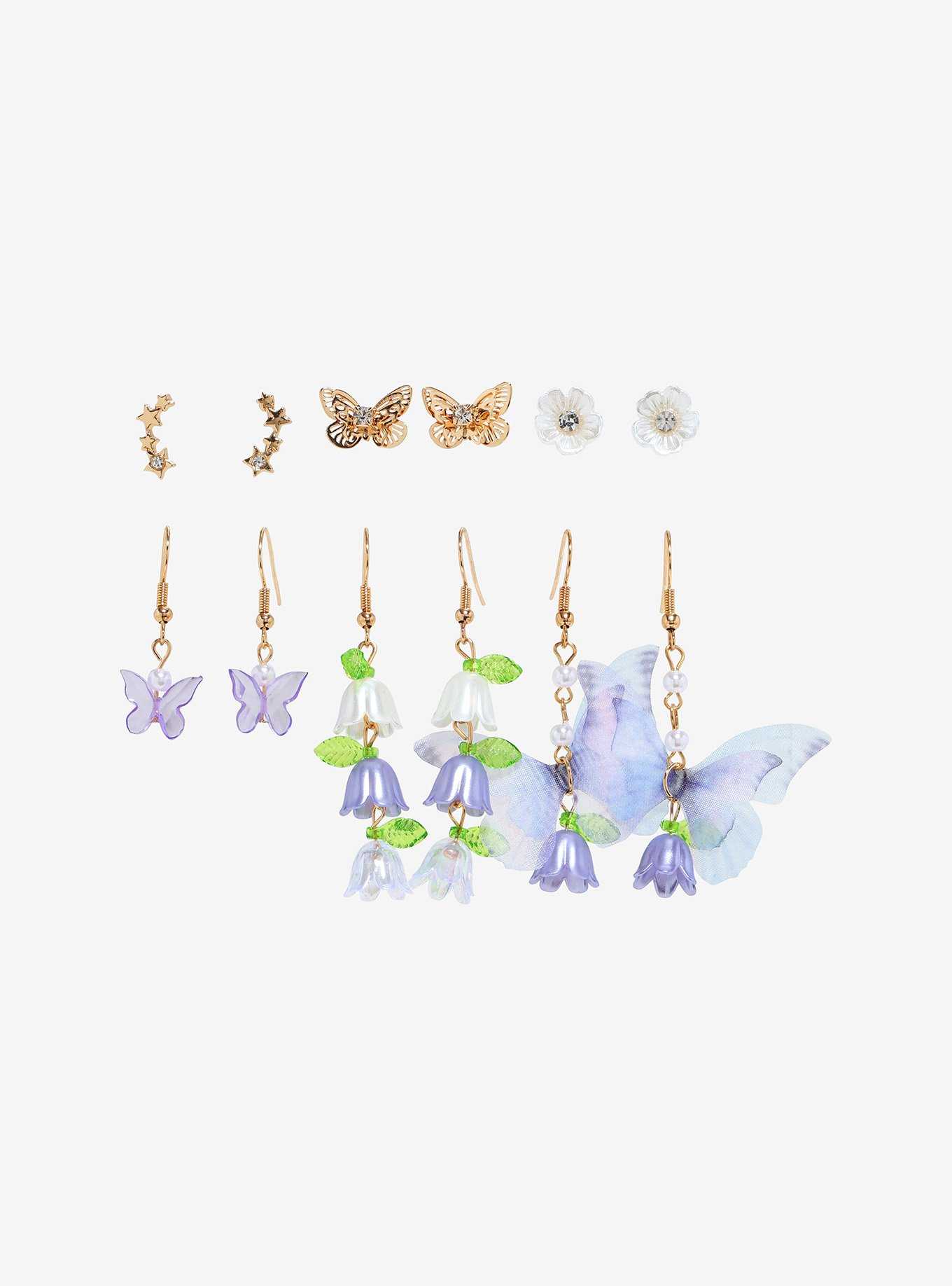 Thorn & Fable Purple Butterfly Floral Earring Set, , hi-res