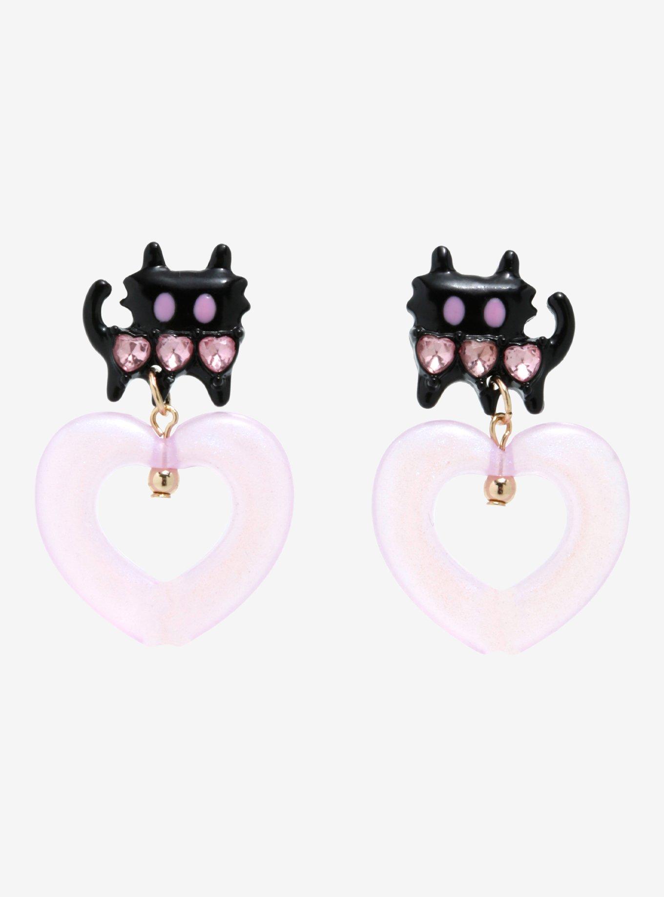 Sweet Society Black Cat Acrylic Heart Earrings, , hi-res