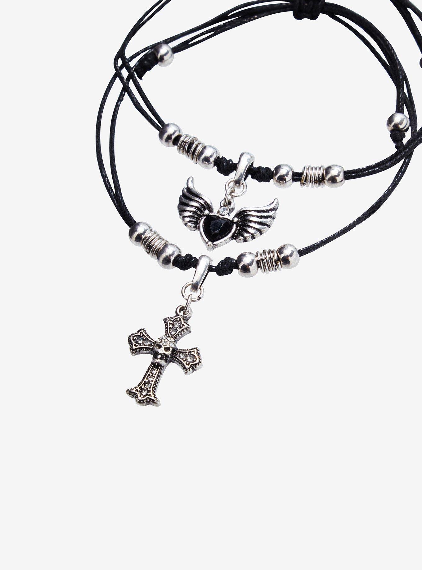Social Collision Winged Heart Cross Best Friend Cord Bracelet Set, , alternate