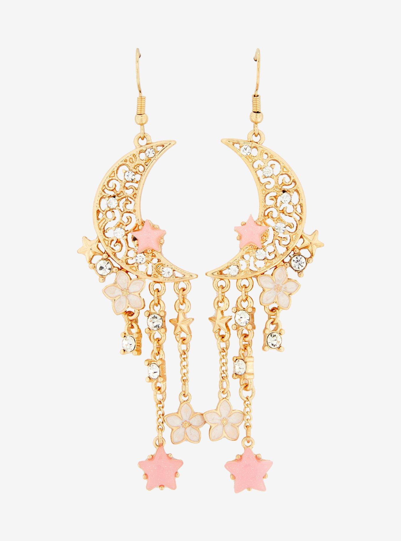 Thorn & Fable Cherry Blossom Ornate Moon Earrings, , alternate