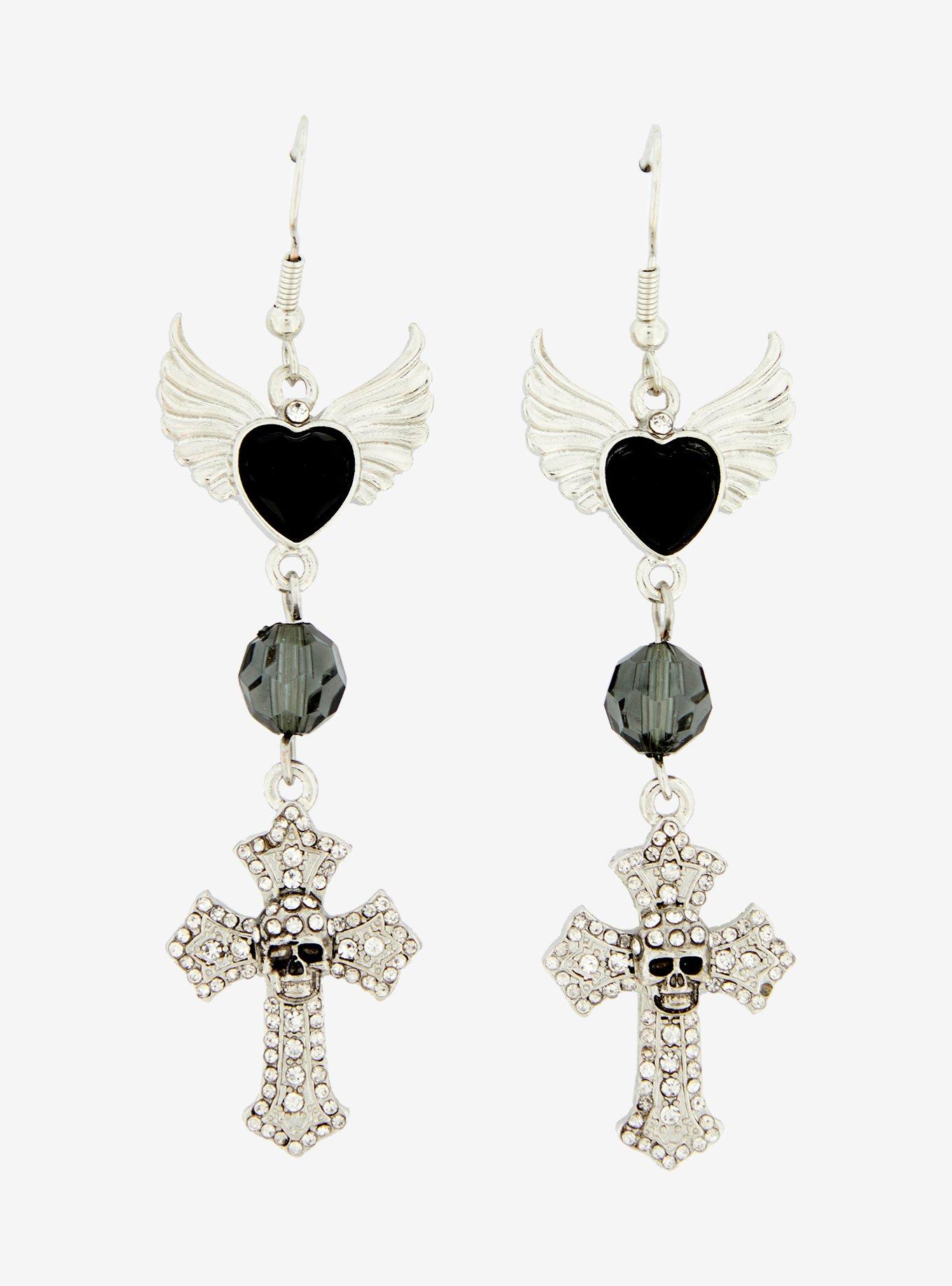 Social Collision Rhinestone Skull Cross Earrings, , alternate