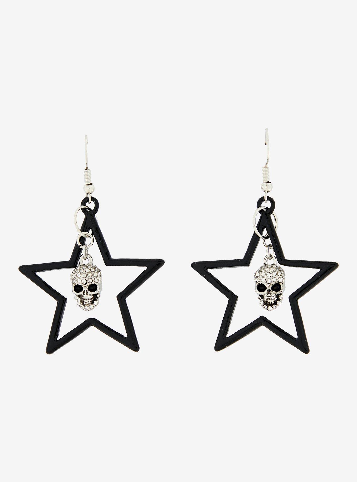 Social Collision Rhinestone Skull Star Pendant Earrings, , hi-res