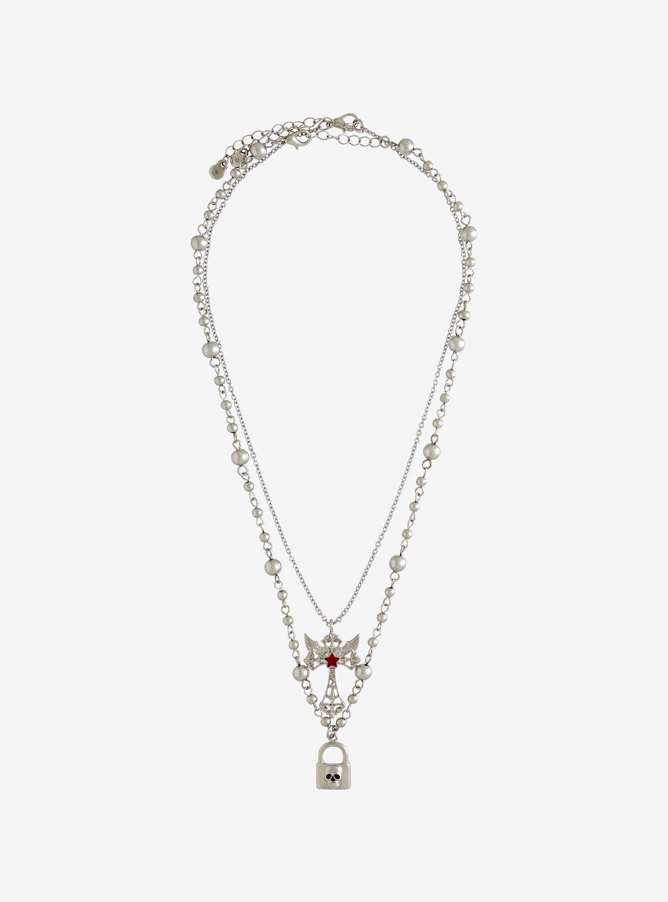 Social Collision Skull Lock Cross Necklace Set, , alternate - view 2