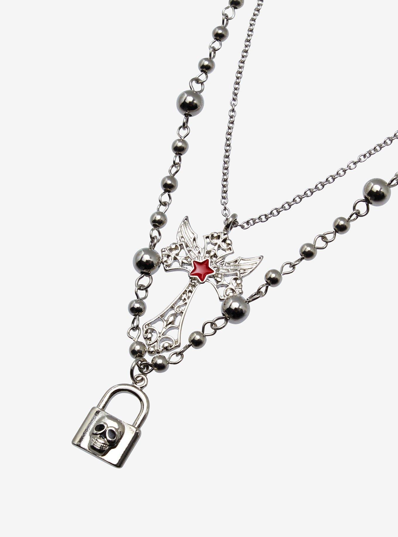Social Collision Skull Lock Cross Necklace Set, , alternate - view 3