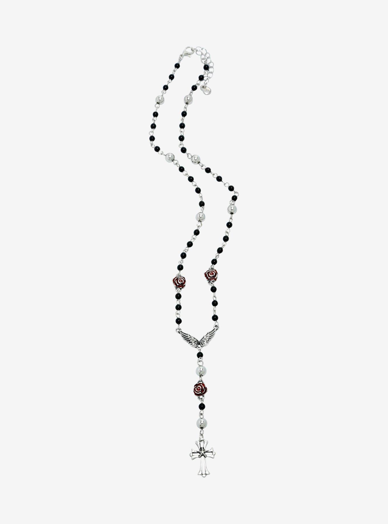 Social Collision Goth Cross Red Rose Lariat Necklace, , alternate