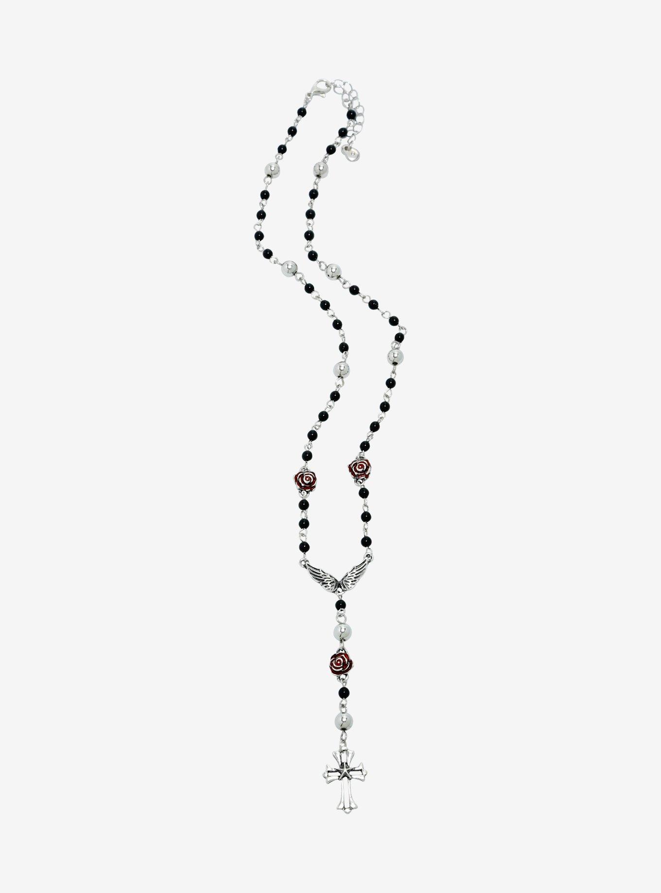 Social Collision Goth Cross Red Rose Lariat Necklace, , hi-res