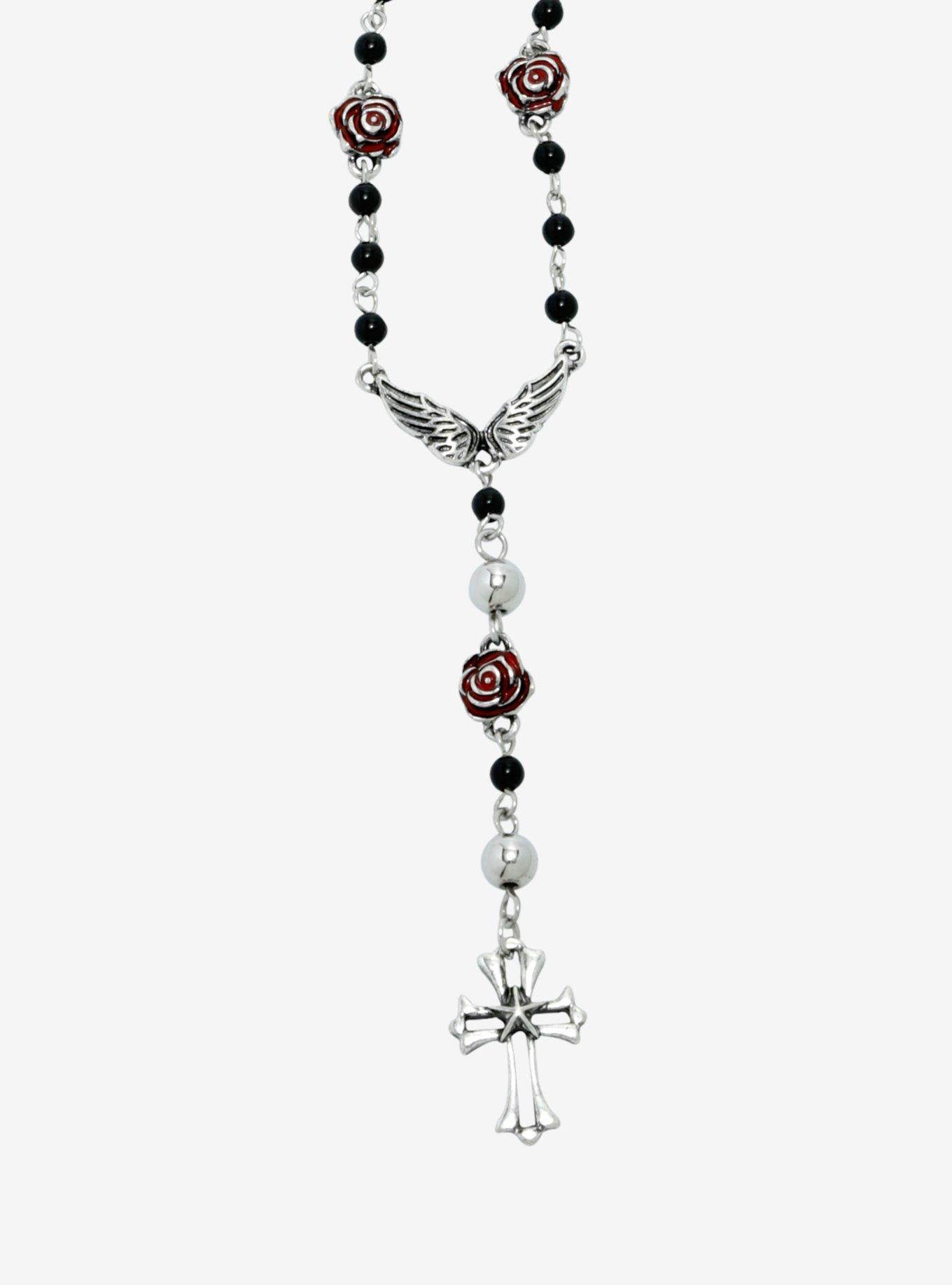 Social Collision Goth Cross Red Rose Lariat Necklace, , alternate
