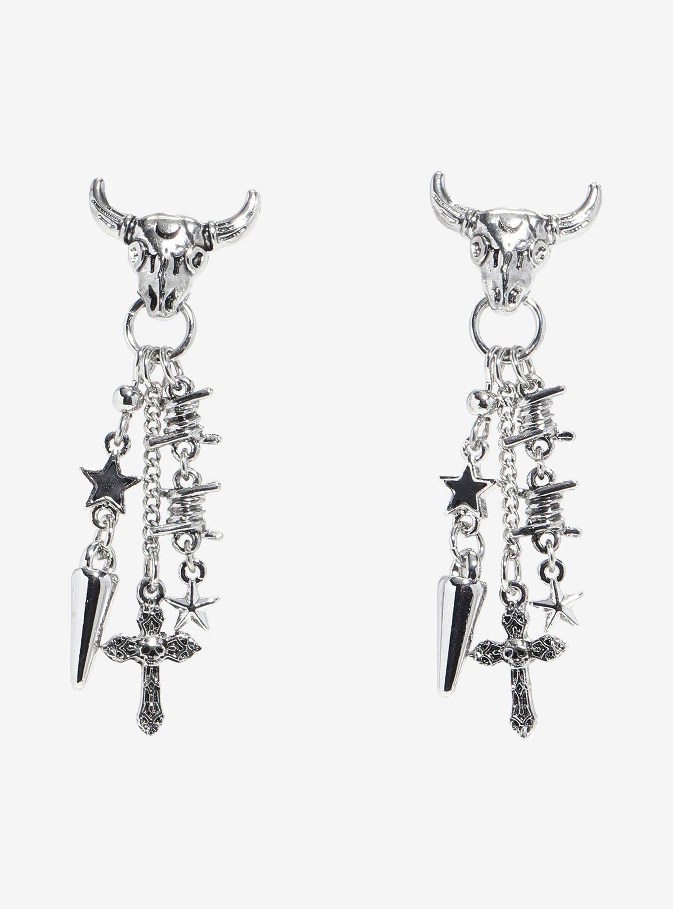 Social Collision Bull Barbed Wire Cross Earrings, , alternate