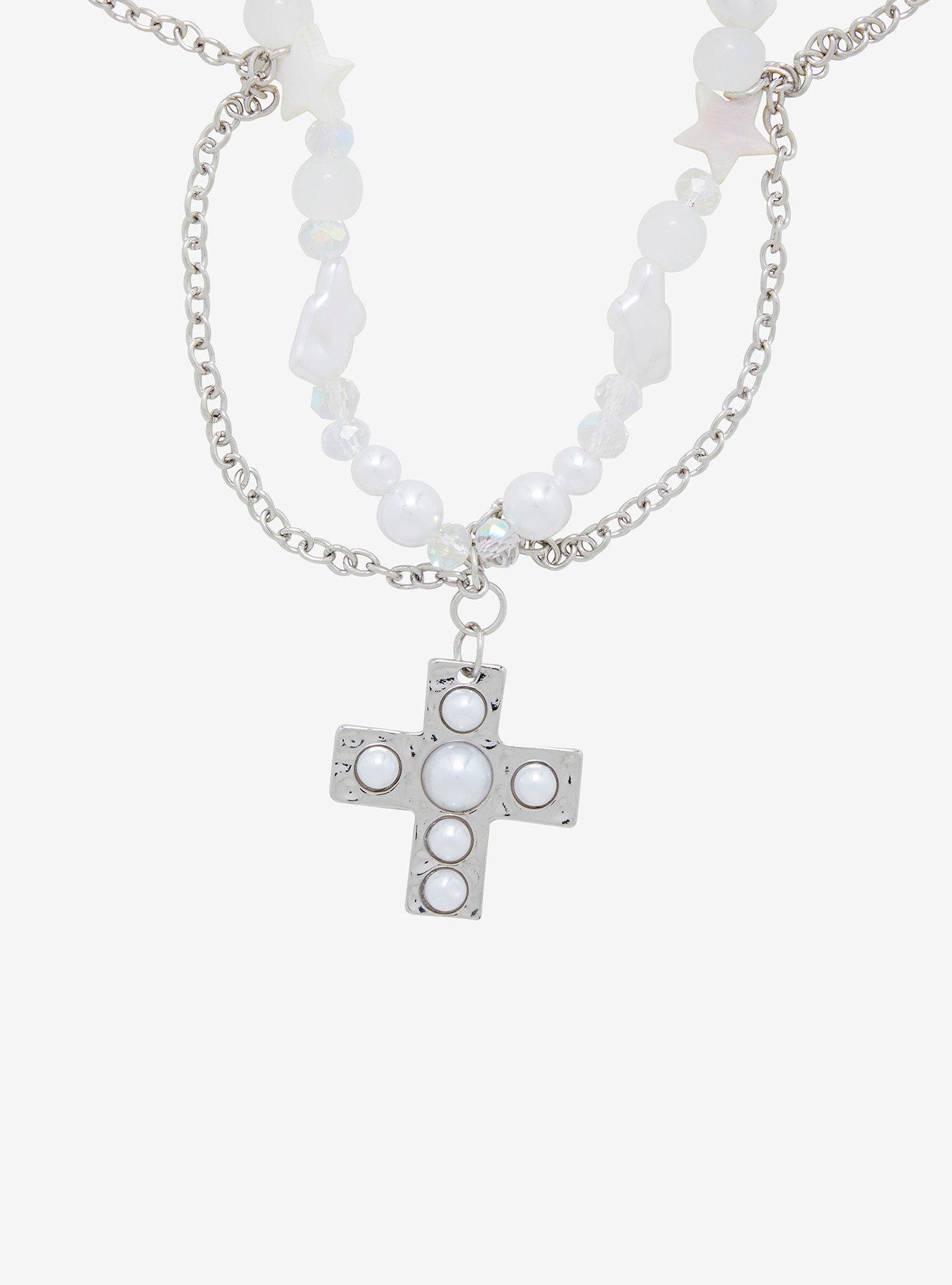Thorn & Fable Cross Pearl Charm Beads Necklace, , alternate