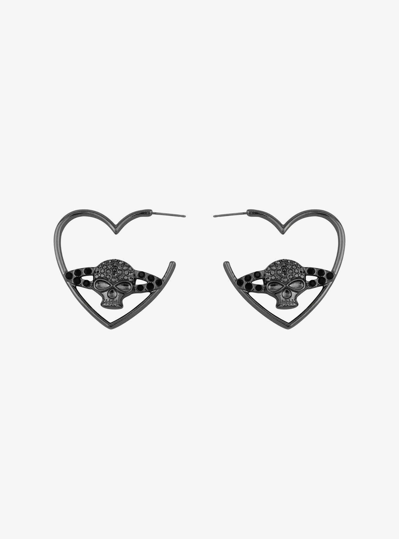 Social Collision Heart Skull Planet Hoop Earrings, , hi-res