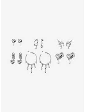 Social Collision Silver Drippy Heart Earring Set, , hi-res