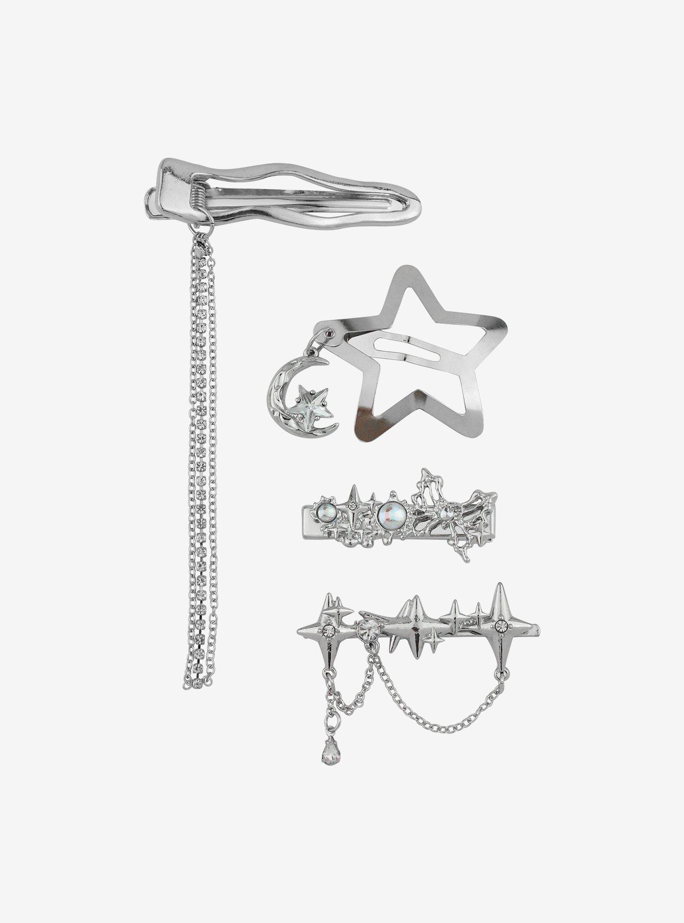 Silver Wavy Drippy Star Hair Clip Set, , hi-res