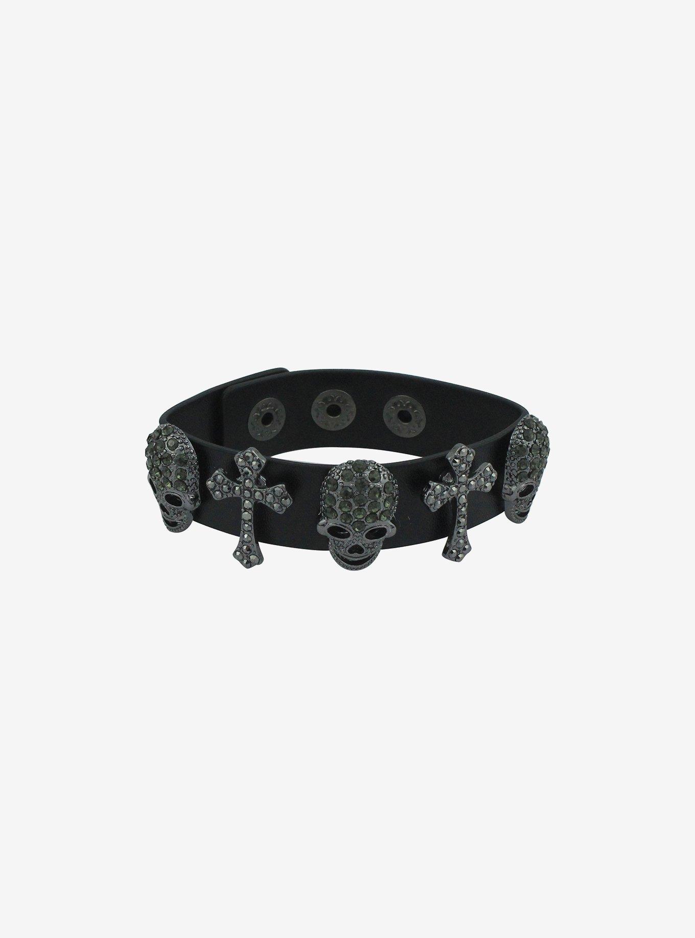 Social Collision Rhinestone Skull & Cross Cuff Bracelet, , hi-res