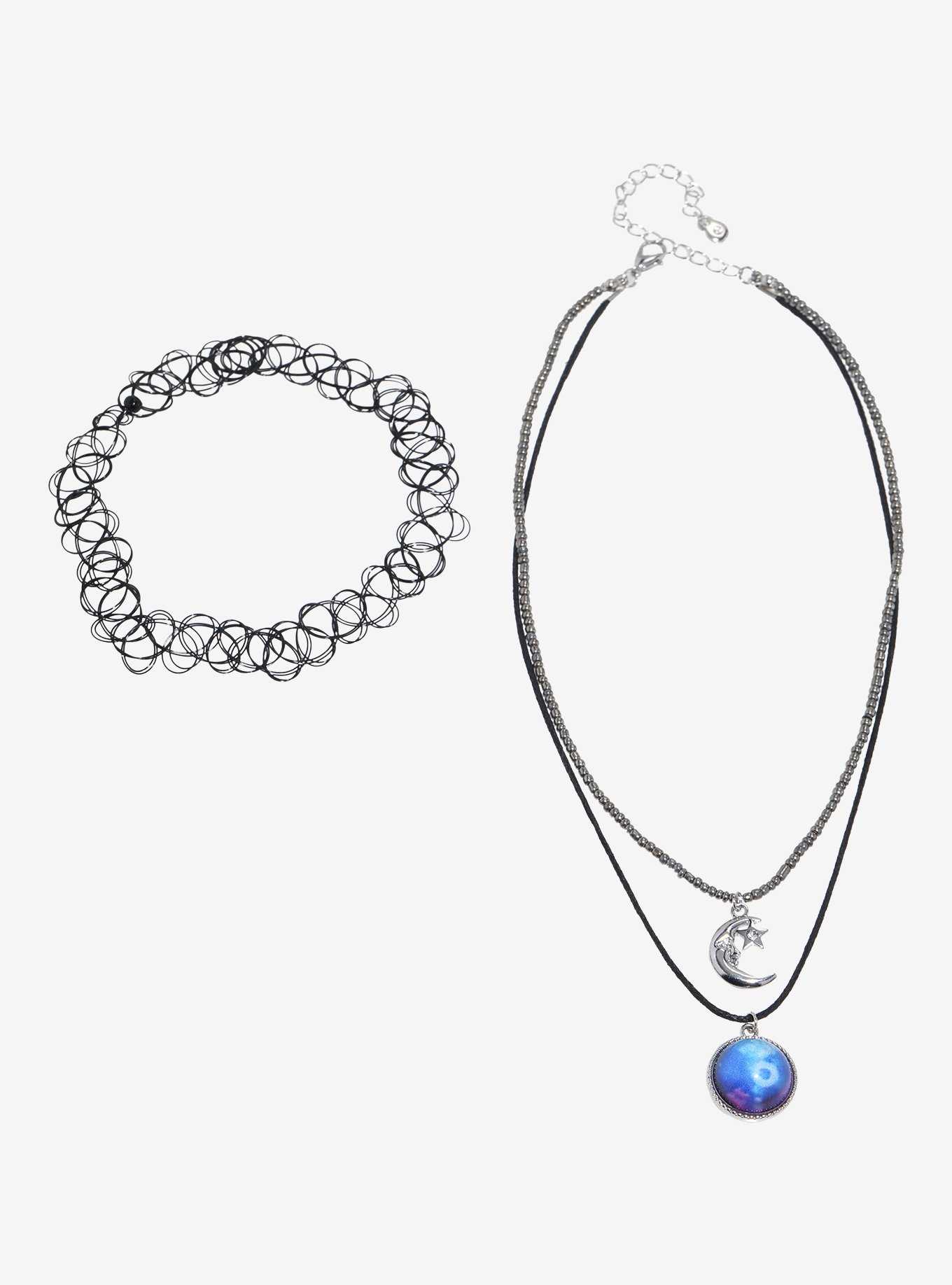 Cosmic Aura Blue Orb Moon Tattoo Choker Necklace Set, , hi-res