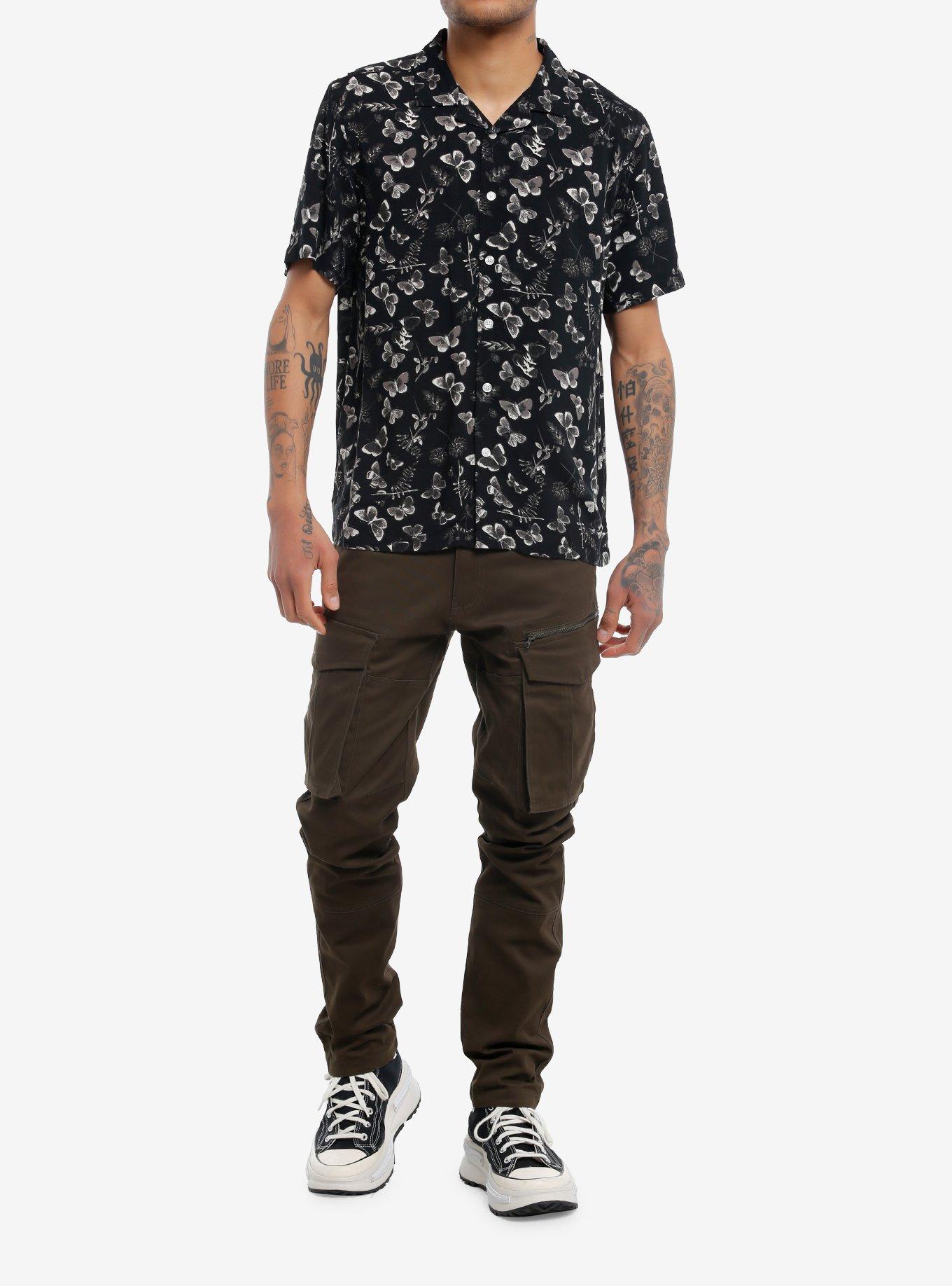 Social Collision Dark Butterfly Woven Button-Up, , hi-res