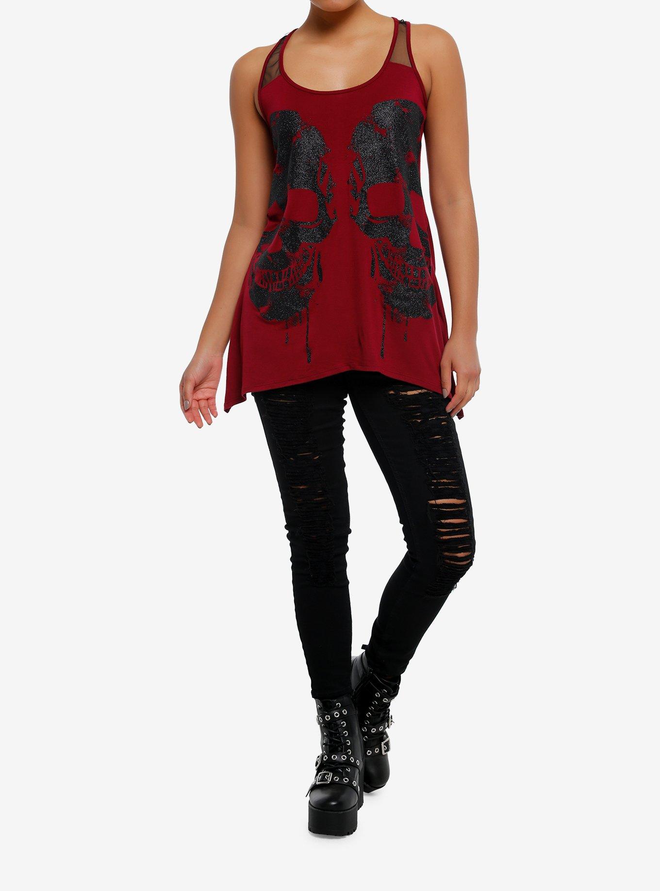 Burgundy Glitter Skull Shark Bite Girls Tank Top, BLACK, alternate