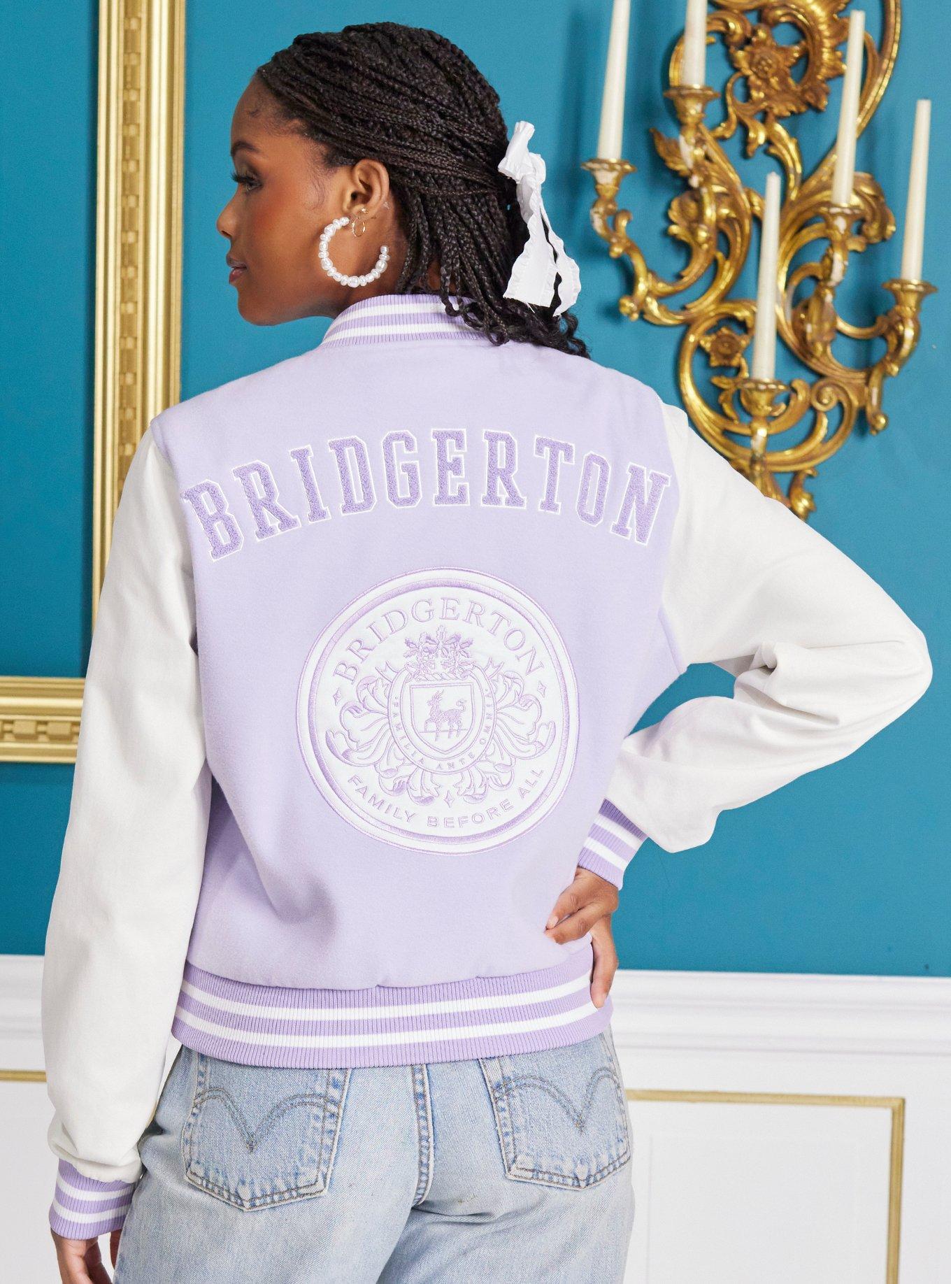 Her Universe Bridgerton Lavender Girls Varsity Jacket, IVORY, alternate