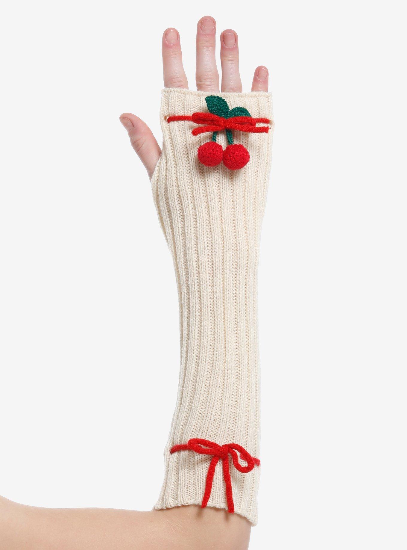 Cream 3D Cherry Ribbon Arm Warmers, , hi-res