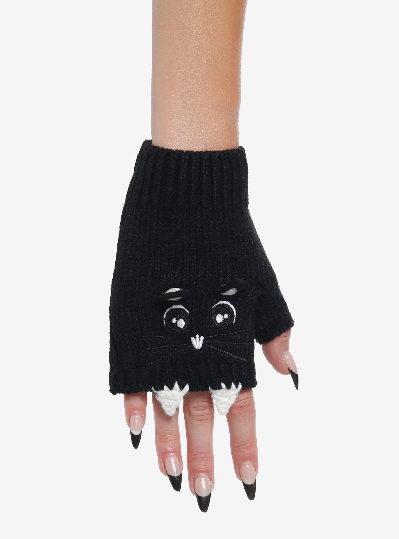 Black Cat Fingerless Gloves, , hi-res