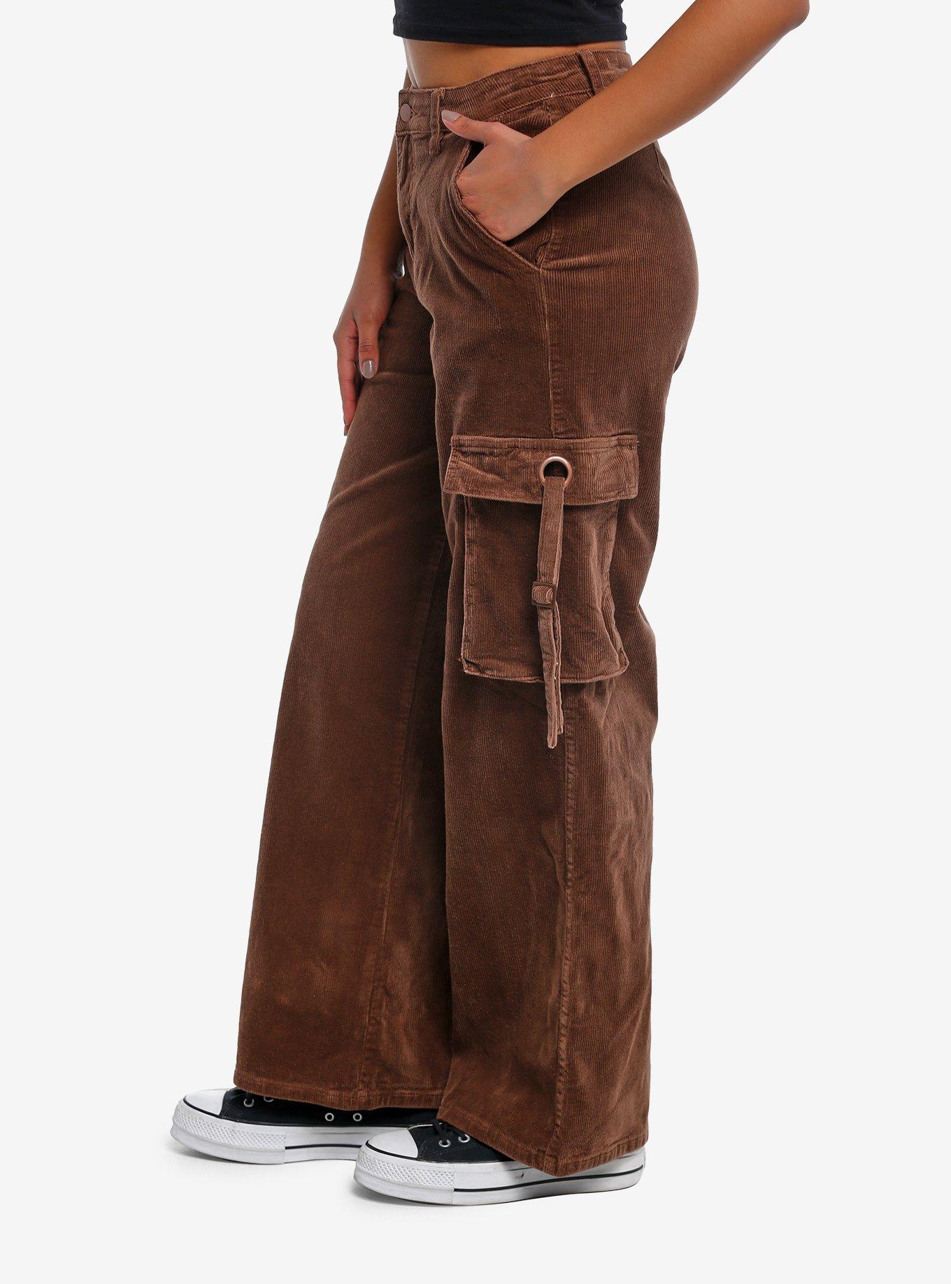 Brown Corduroy Wide Leg Girls Cargo Pants, BROWN, alternate